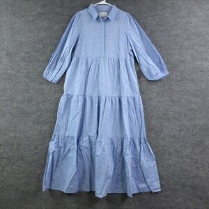 Pomander Place Dress Womens L Blue Chambray Shirt Dress Maxi Ruffle NWT